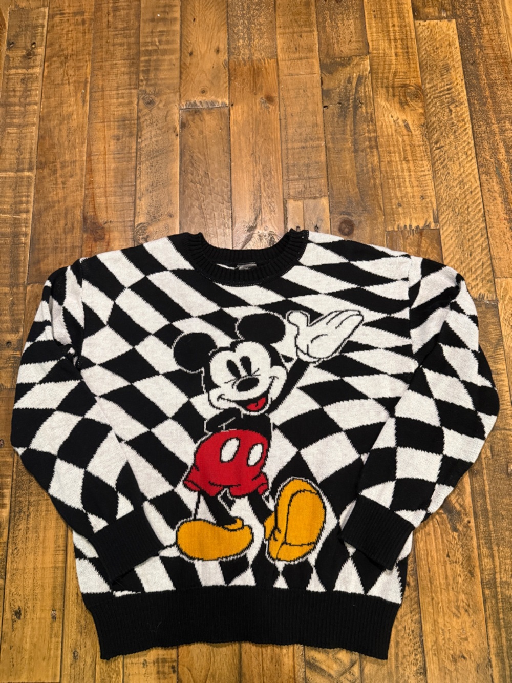 Disney Black White Checkerboard Mickey Mouse Sweater with Red & Yellow Accents